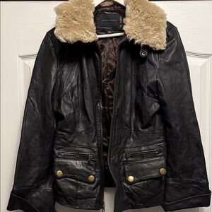 Banana Republic Black Leather Jacket with Tan Fur Collar